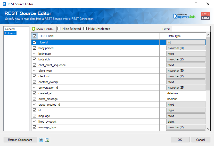 SSIS SuiteCRM Source Component - Columns